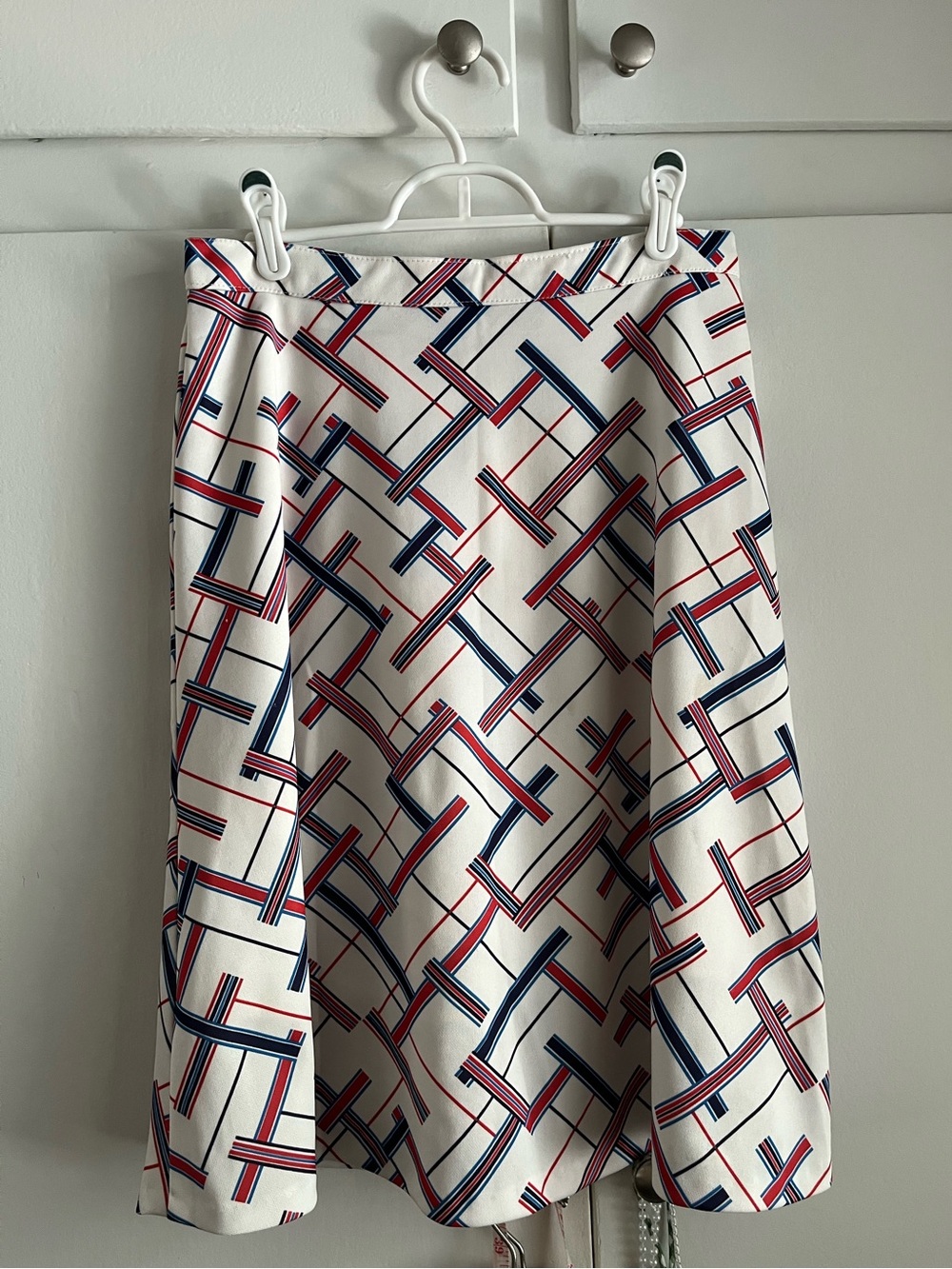 White Geometric Print A-Line Skirt - Navy, blue & Red